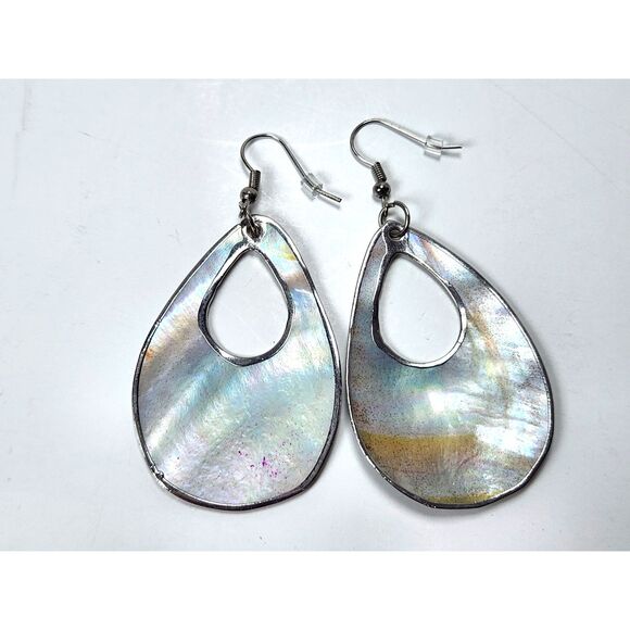 Teardrop Mother of Pearl Earrings Blue Leopard Print Dangle Hook 2.25” Boho Chic - Picture 3 of 5